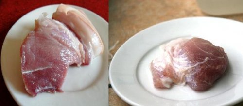 Bên trái là miếng thịt ôi sau khi được tẩy rửa bằng chất tẩy đường, bên phải là miếng thịt ôi và mốc sau khi được tẩy rửa bằng bột săm pết