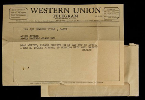 Hình ảnh bức điện tín Marilyn Monroe gửi tới Allan &amp;quot;Whitey&amp;quot; Snyder từ Western Union.