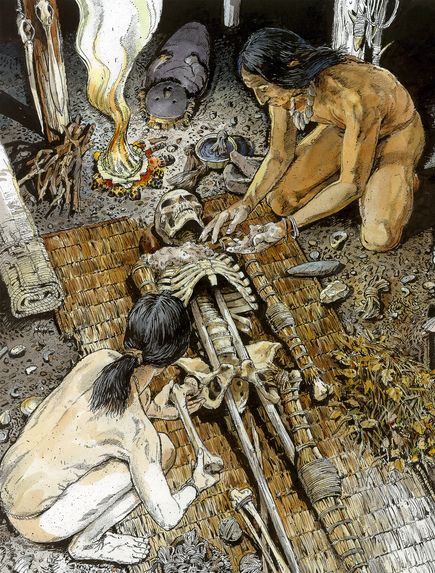 Cảnh mô tả người Chinchorro dùng lau sậy, tro dán để gia cố các xương, khớp của người chết và làm da giả bằng vải. Rất có thể người Chinchorro khi chết đi sẽ được đưa tang diễu hành quanh các xác ướp rồi mới được chôn