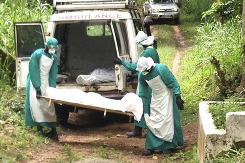 Nhân viên y tế chuyển thi thể bệnh nhân tử vong do nhiễm virus Ebola ở thành phố Kenema, Sierra Leone hôm 25/7. Ảnh: Reuters.
