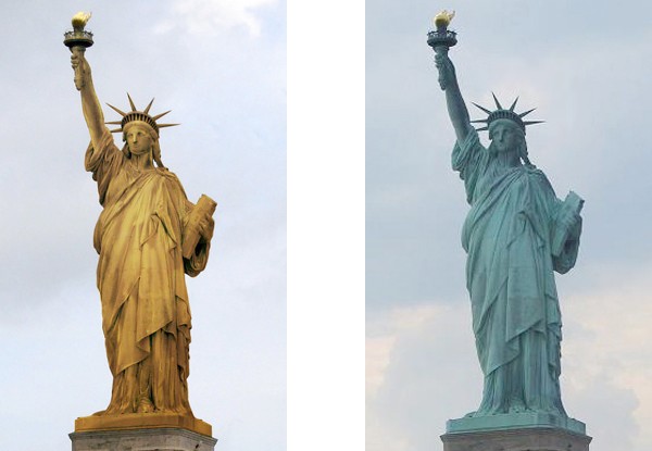 5. Khi mới được đưa tới từ Pháp, tượng Nữ thần Tự Do có lớp vỏ đồng sáng bóng. Sau 20 năm, lớp vỏ đã bị ôxy hóa tạo ra màu xanh như ngày nay.