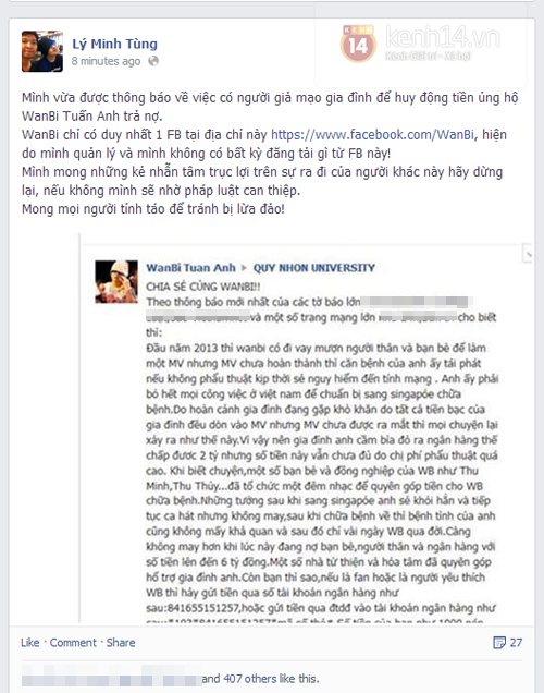Bức xúc kẻ mạo danh Facebook Wanbi Tuấn Anh để lừa tiền fan 2