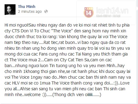 Thu Minh xác nhận không quay lại &quot;The Voice&quot; 1