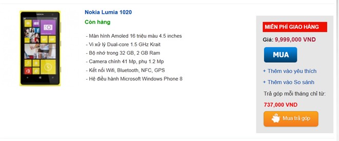 Giá bán của Lumia 1020 trên website của một đại lý lớn. Ảnh chụp màn hình.