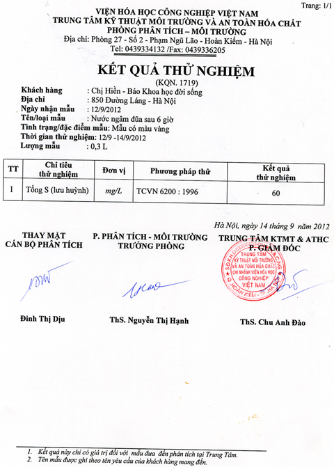 Kết quả mẫu đũa do phóng viên xét nghiệm tại Viện Hóa học Công nghiệp Việt Nam.