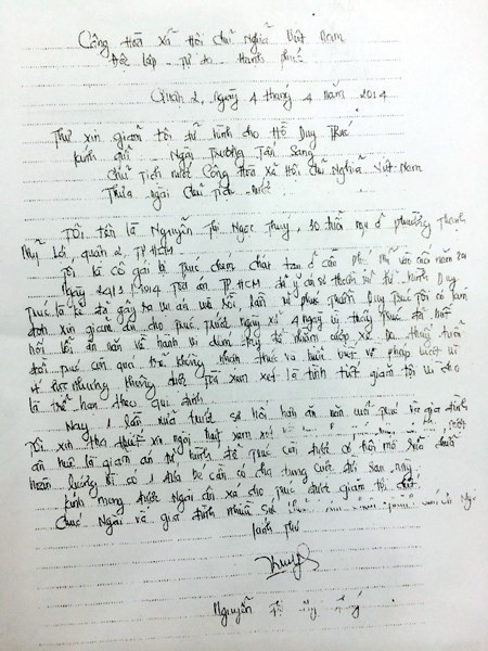 Nạn nhân viết thư xin Chủ tịch nước giảm án cho Hồ Duy Trúc