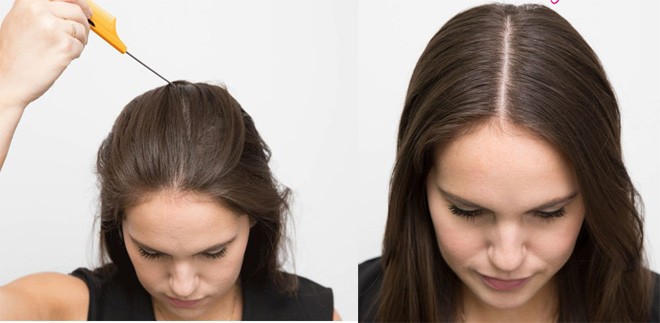 1. Rẽ ngôi tóc hoàn hảo. Dùng lược gom toàn bộ phần tóc mái ra phía sau. Lấy phần cán lược rẽ tóc thành 1 đường thẳng từ phía trên trán đến đỉnh đầu, thay vì dùng răng lược như bình thường. Bạn sẽ nhanh chóng có ngay đường ngôi giữa thẳng tắp và hoàn hảo.