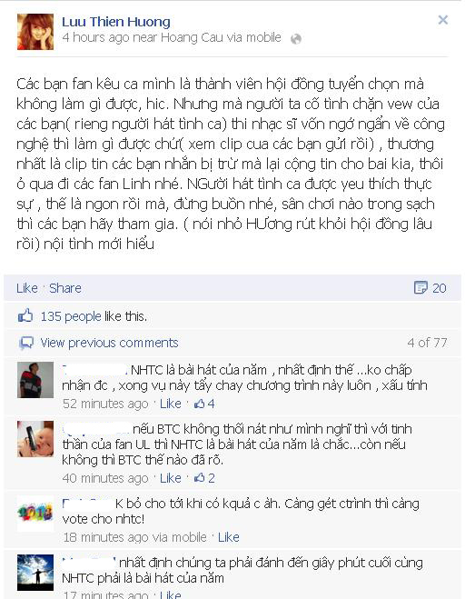 Status của Lưu Thiên Hương đã nhận được những bình luận ủng hộ từ các fan của Uyên Linh