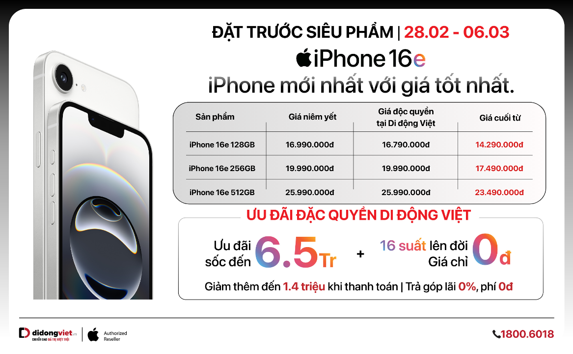 Lên đời iPhone 16e giá 0 đồng tại Di Động Việt
