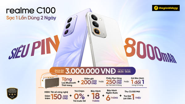 realme C100: Siêu pin Titan 8.000mAh, sạc một lần dùng 2 ngày realme C100: Siêu pin Titan 8.000mAh, sạc một lần dùng 2 ngày